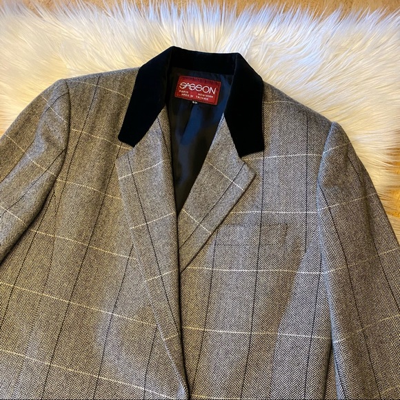 Vintage 90s Sasson Herringbone Wool Short Blazer Black Velvet Collar S - Picture 2 of 9